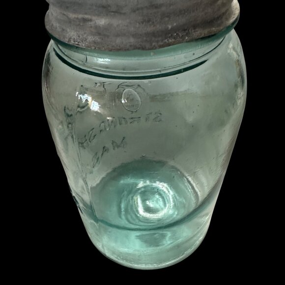 Vintage Atlas Strong Shoulder Mason Blue Glass Quart  Jar zinc lid FLAW Bubble - Picture 5 of 7